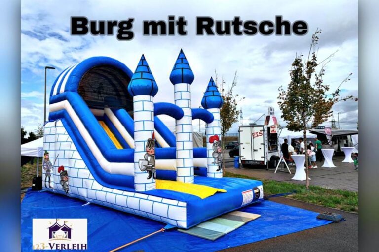 Hüpfburg Ritterburg mit Rutsche für den Kindergeburtstag im Garten mieten