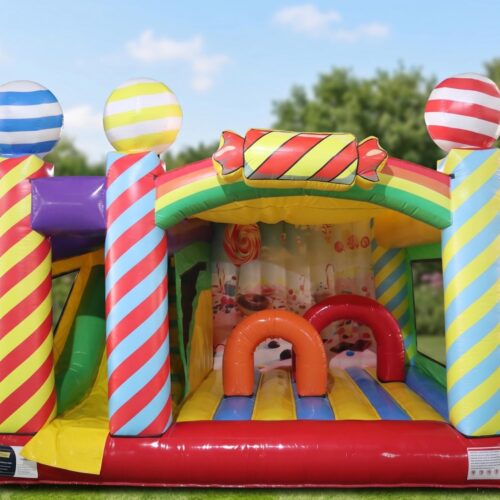 Bunte Candy Hüpfburg mit Rutsche und Hindernissen mieten – 123-Verleih Mosbach