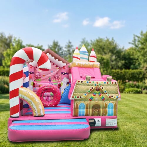 Rosa Candyland Hüpfburg mit Zuckerstangen und Lebkuchenhaus mieten – 123-Verleih Mosbach