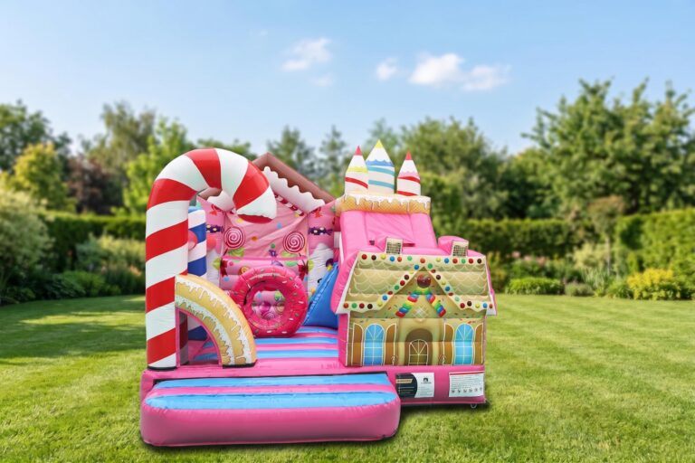 Candyland Hüpfburg rosa mit Rutsche mieten