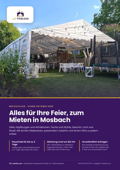 Titelseite des Mietkatalogs von 123-Verleih mit Festzelt im Garten